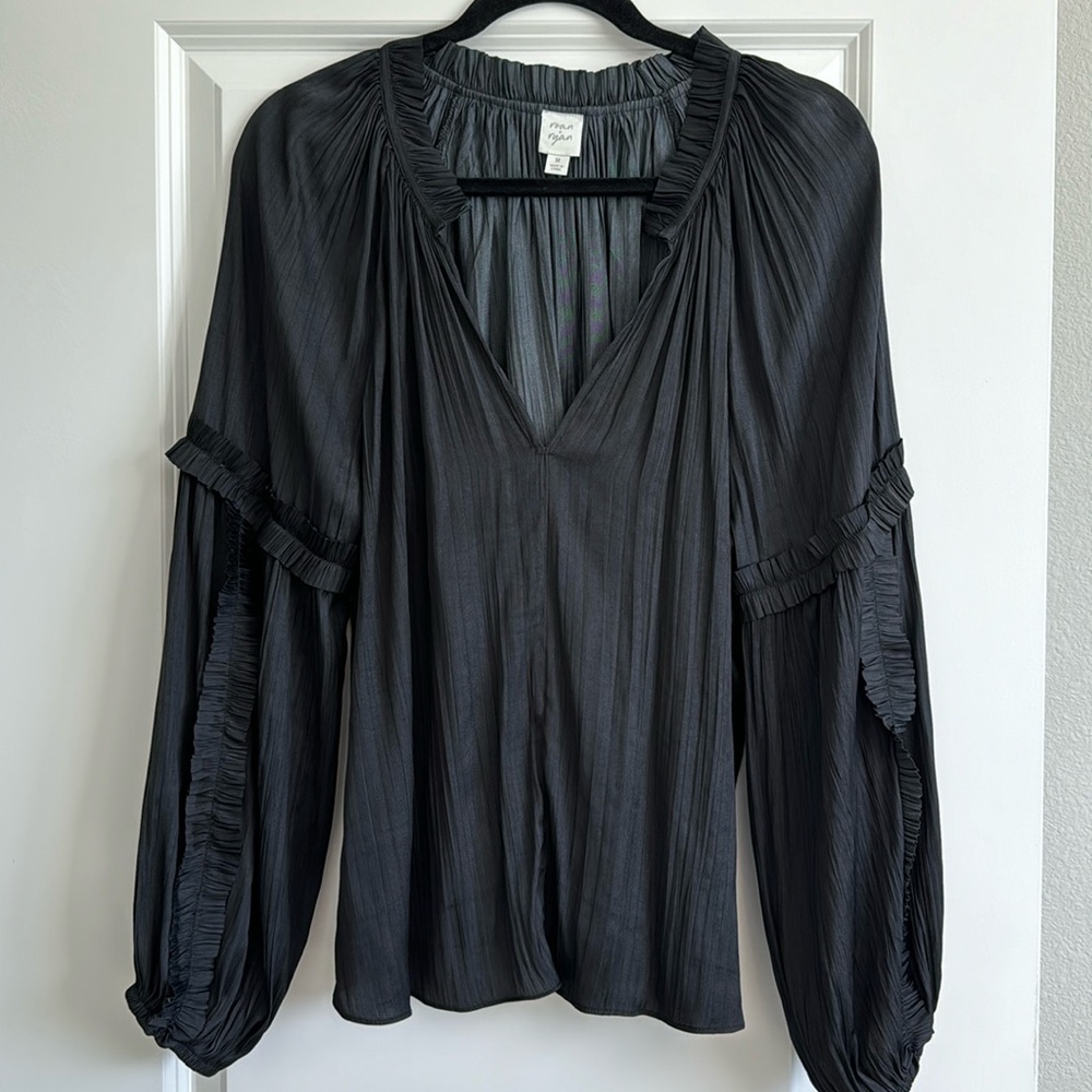 Evereve Roan + Ryan Black V neck blouse with detailing on the arms